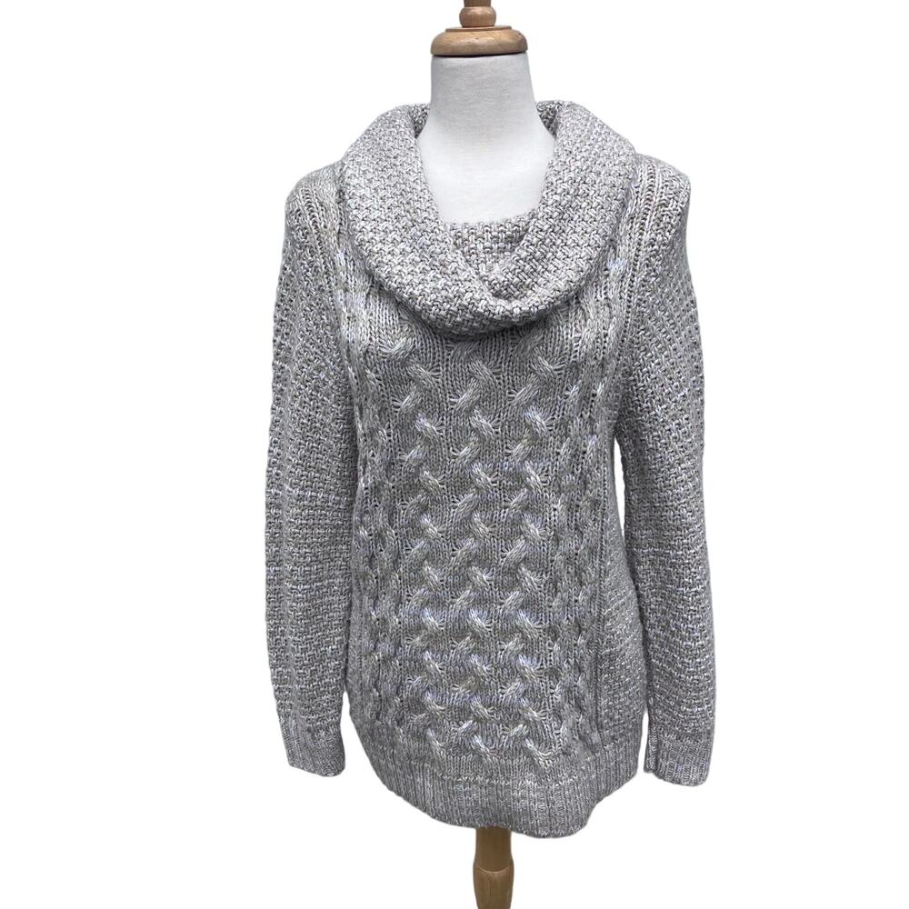 Cabelas Cable‎ Knit Sweater Sz M Cream Cowl Neck Chunky Cozy Fisherman Career